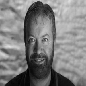 Black and white photo of Mark Hodkinson